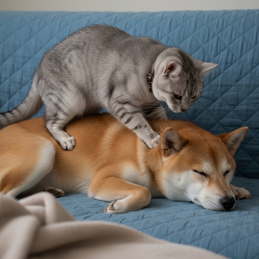 Un gato de pelaje gris claro amasa con sus patas delanteras el lomo de un perro de color marrón rojizo que descansa tranquilo sobre un sofá azul acolchado