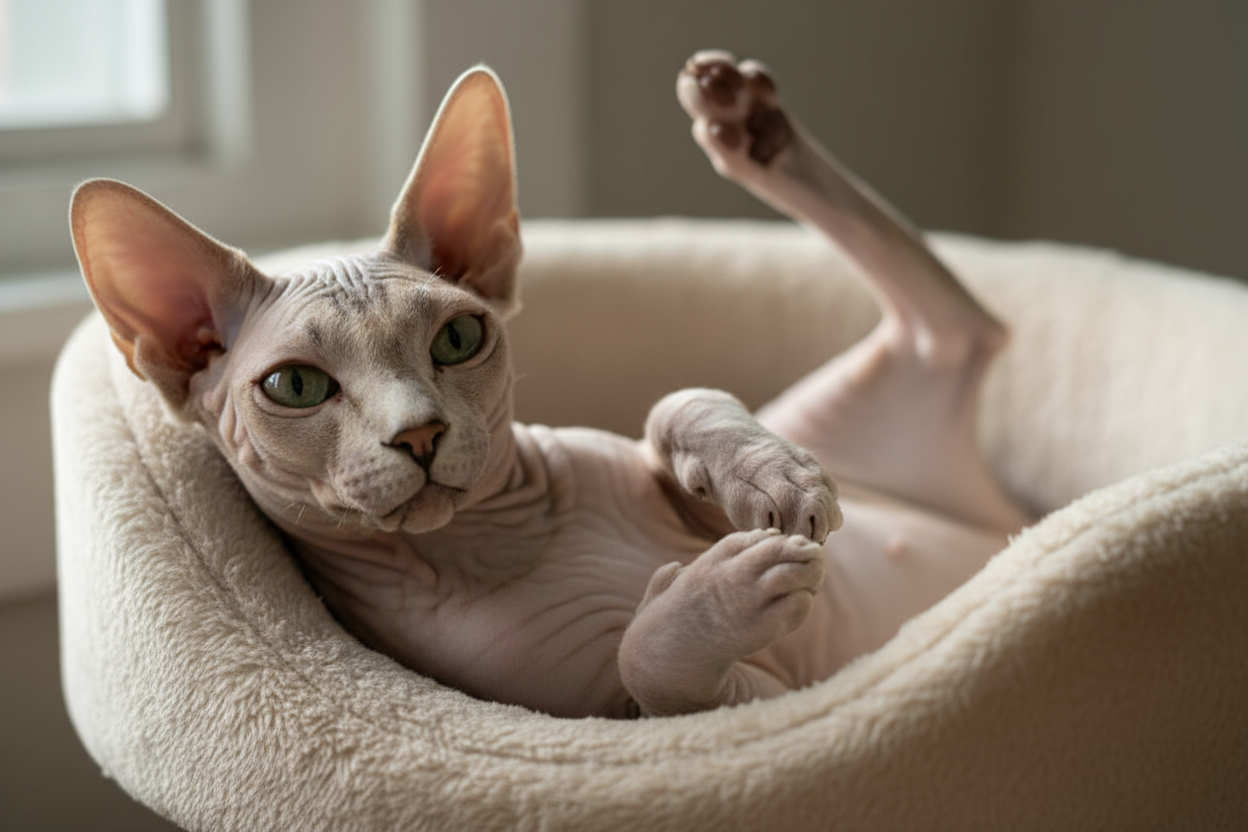 Gato egipcio sin pelo Sphynx de Topcats tumbado boca arriba en su cama, mostrando sus grandes ojos verdes y piel lisa sin pelo