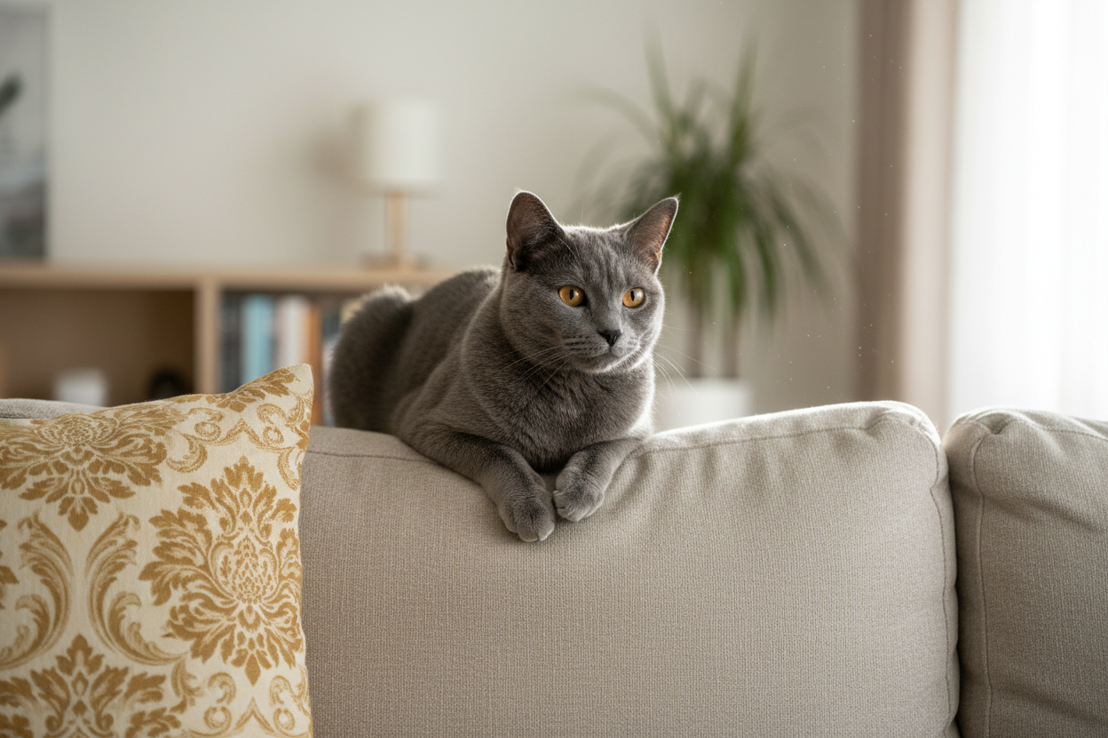 Gato gris cartujo descansando en sofá – Topcats Gato gris de raza cartujo (Chartreux) con pelo corto y ojos amarillos intensos descansando sobre un sofá claro junto a un cojín dorado. Imagen real utilizada por Topcats para ilustrar razas de gato gris con mucho y poco pelo. Descubre más sobre el gato gris cartujo y otras razas en la web de Topcats.