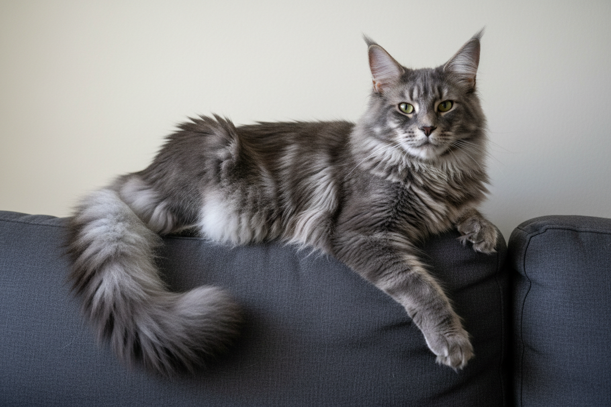 Gato gris Maine Coon de pelo largo – Topcats Gato gris de raza Maine Coon con pelaje largo y esponjoso recostado sobre el respaldo de un sofá gris, con expresión tranquila y mirada atenta. Imagen real utilizada por Topcats para ilustrar razas de gato gris con mucho y poco pelo. Descubre más sobre el gato gris Maine Coon y otras razas en la web de Topcats.