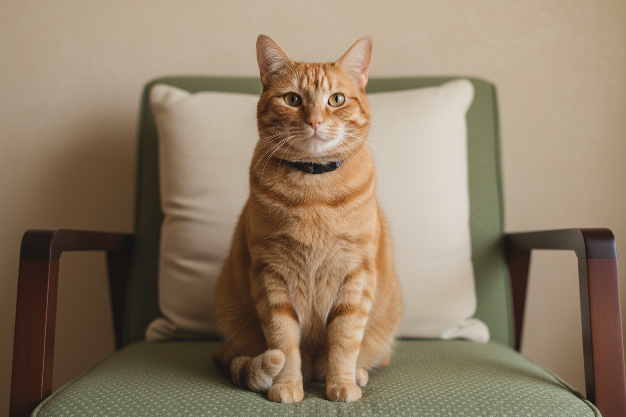 Gato adulto de color naranja sentado erguido sobre una butaca con cojín, mirando de frente con expresión tranquila y segura, una escena que representa los beneficios de tener un gato en casa como la compañía y la presencia serena