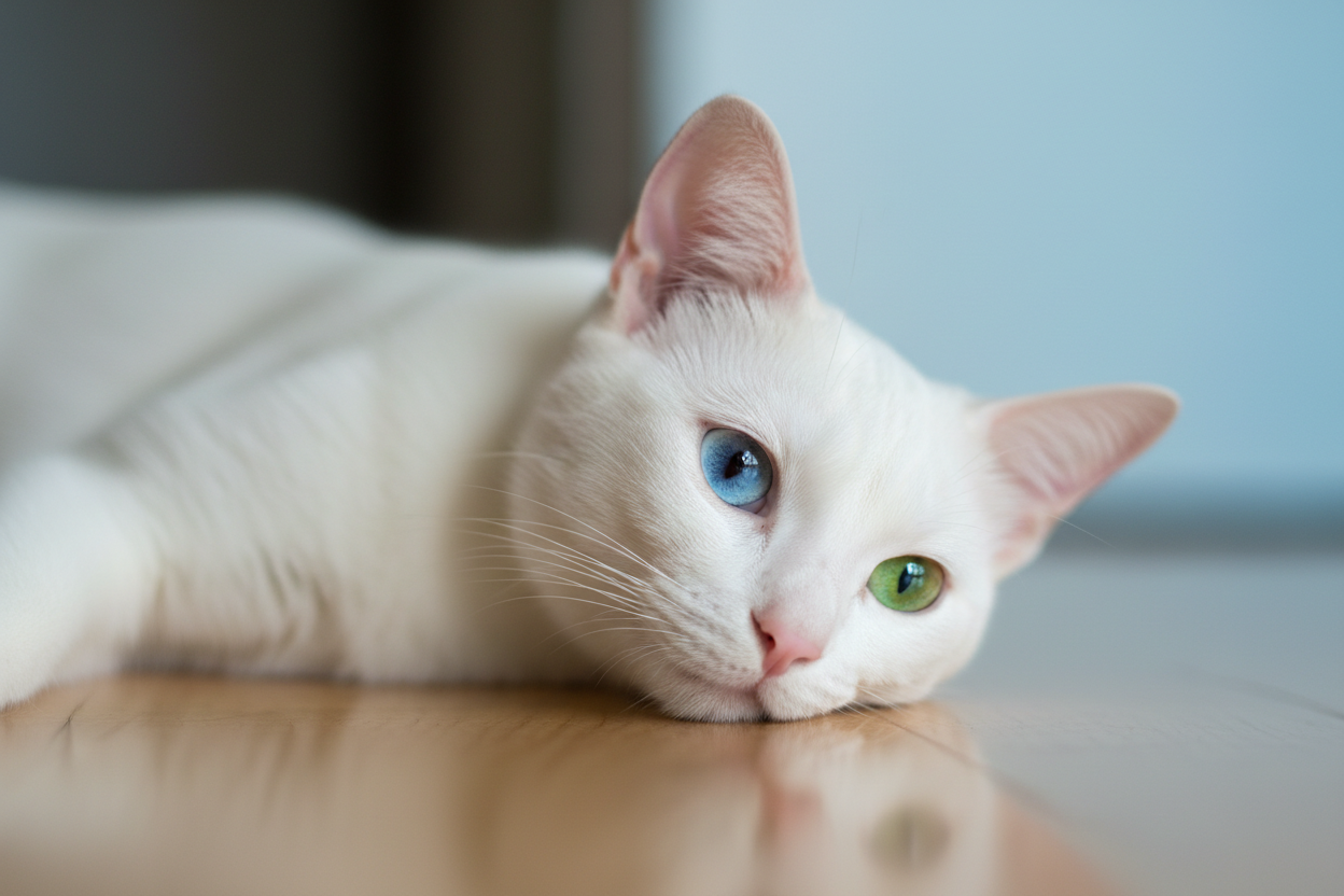 Gato blanco Khao Manee Topcats con ojos azul y verde Gato blanco Khao Manee Topcats tumbado sobre suelo de madera, con heterocromía (un ojo azul y otro verde) y expresión tranquila