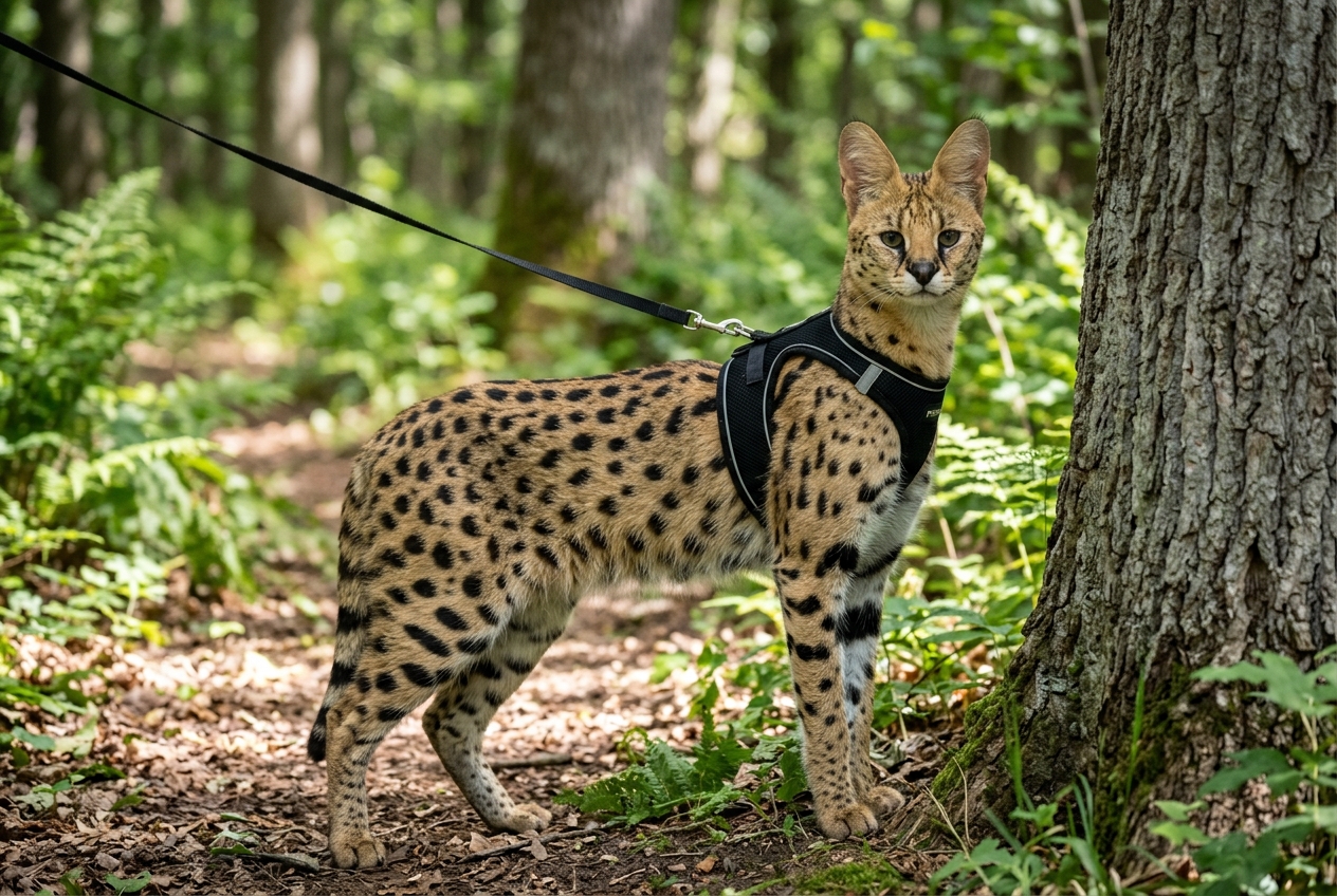 Felino moteado tipo serval o gato savannah Topcats con arnés junto a un árbol en un entorno verde
