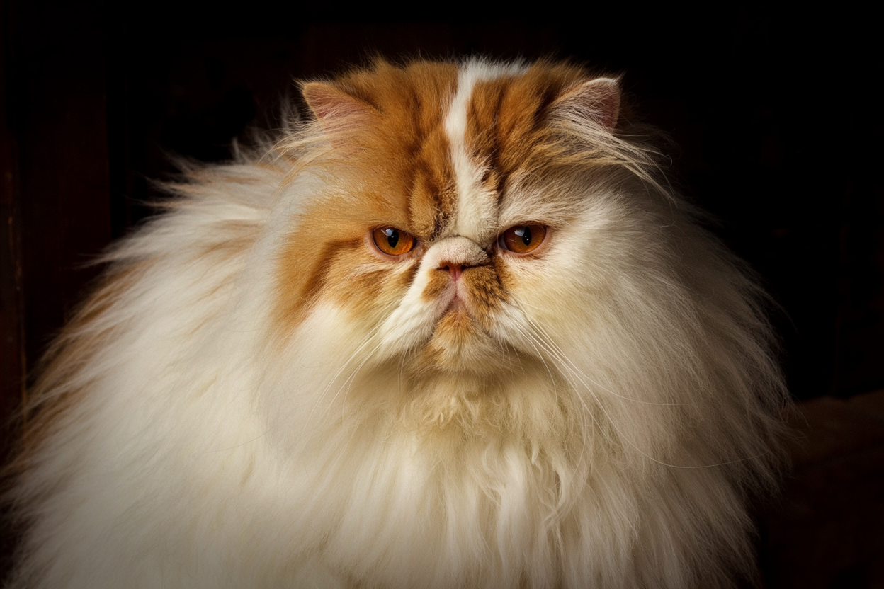 Gato persa de pelo largo blanco y anaranjado mirando de frente sobre fondo oscuro, imagen para Topcats sobre razas de gatos comunes en España; descubre qué razas de gatos encajan mejor con cada hogar.
