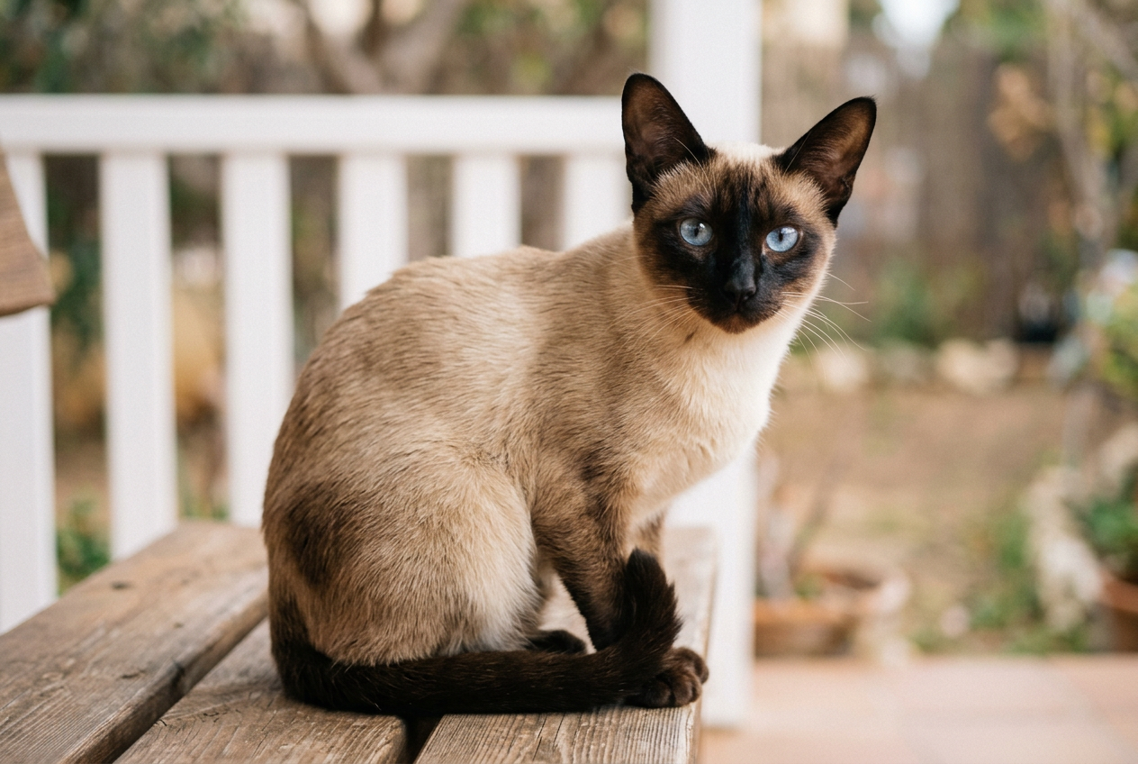 Gato siamés de cuerpo claro y rostro oscuro sentado sobre una mesa de madera, imagen para Topcats sobre razas de gatos comunes en España; descubre qué razas de gatos se adaptan mejor a tu hogar.