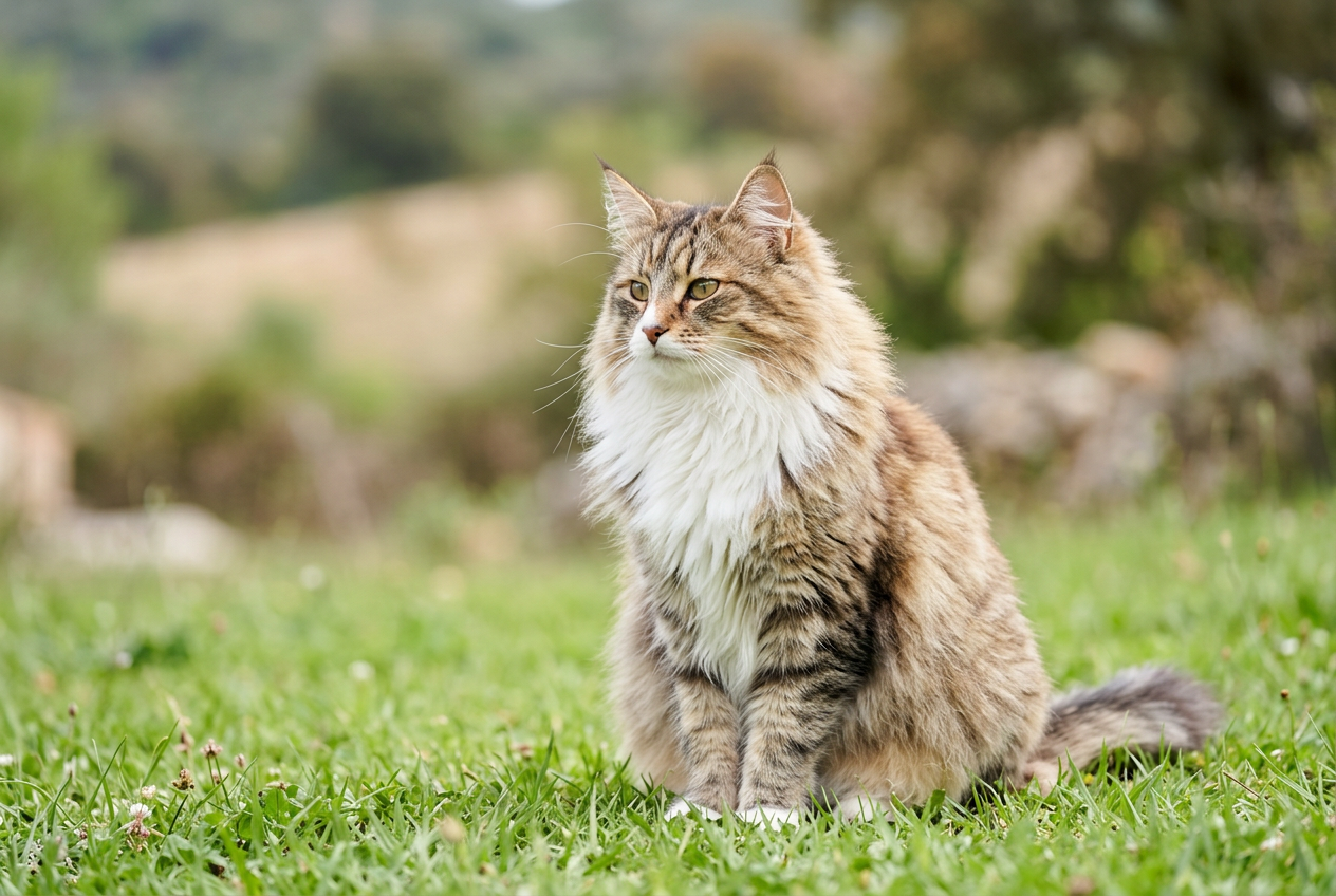 Gato bosque de Noruega de pelo largo sentado sobre hierba verde, imagen para Topcats sobre razas de gatos comunes en España; descubre qué razas de gatos encajan mejor con cada hogar.