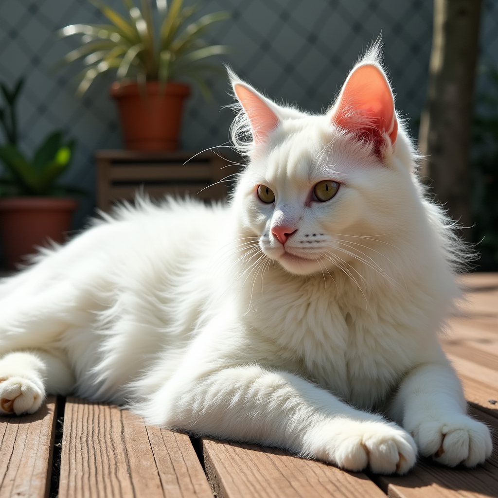 Admira al Gato Maine Coon Blanco de Topcats al Aire Libre Maravilloso gato Maine Coon blanco de Topcats recostado al aire libre, ¡haz clic y descubre cómo esta raza destaca por su gran tamaño y elegancia!