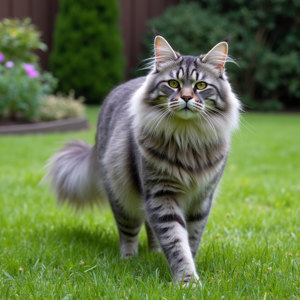 Conoce al Gato Maine Coon Gris de Topcats en Pleno Paseo Impresionante gato Maine Coon de Topcats con pelaje gris plateado paseando por el césped, ¡haz clic y descubre más sobre su carácter y cuidados!