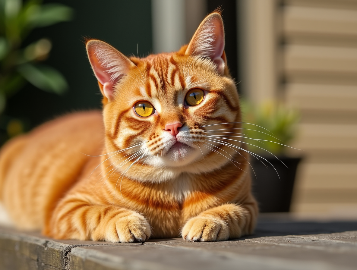 Gato British Shorthair rojo con un pelaje brillante y ojos anaranjados al sol, mostrando los colores del British Shorthair en Topcats.