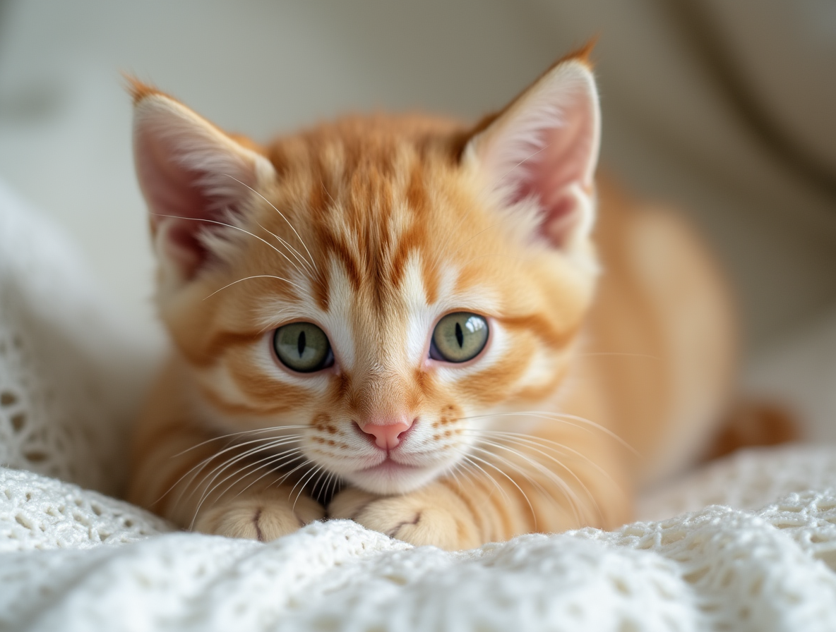 Gato British Shorthair naranja diluido con ojos verdes grandes y un pelaje brillante, representando los colores del British Shorthair en Topcats