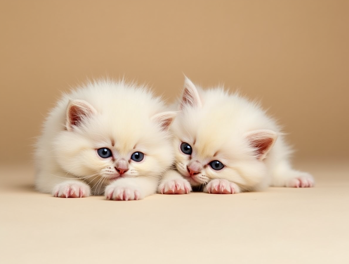 Adorable gatito British Shorthair beige con ojos azules relajado sobre un fondo suave, representando los colores del British Shorthair en Topcats.