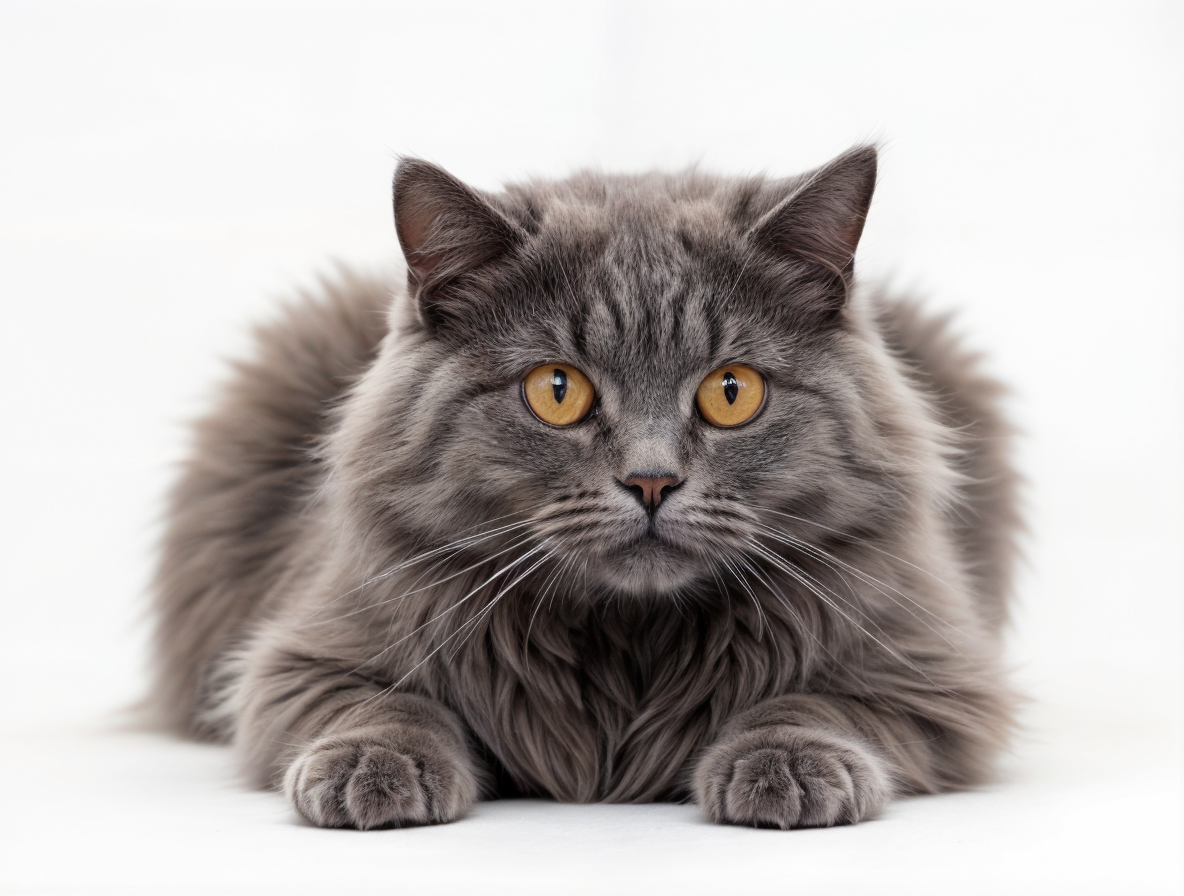 Gato British Longhair gris en Topcats: elegancia y tranquilidad en un solo felino Gato British Longhair gris con pelaje largo y esponjoso, tumbado sobre una superficie blanca. Sus ojos dorados destacan sobre su denso manto gris, dándole una mirada cautivadora y tranquila.