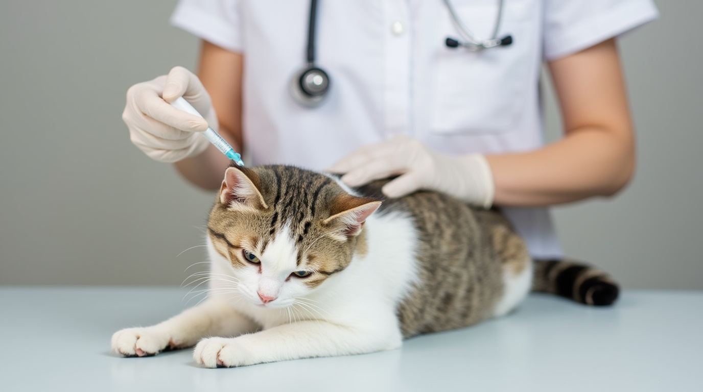 Veterinario de Topcats administrando vacunas para gatos a un felino blanco y atigrado sobre una mesa de consulta.
