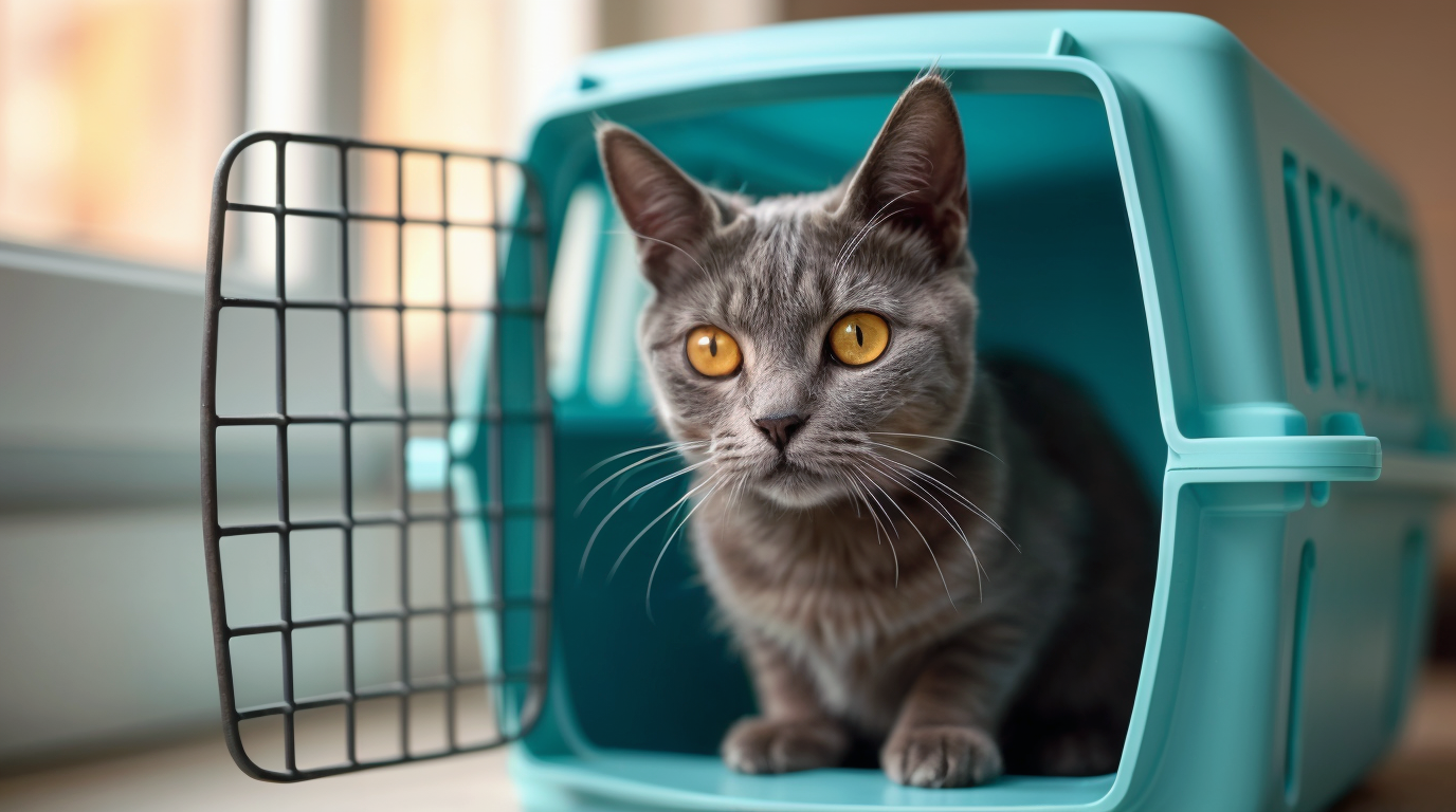 Gato de Topcats en su transportín, listo para recibir sus vacunas para gatos