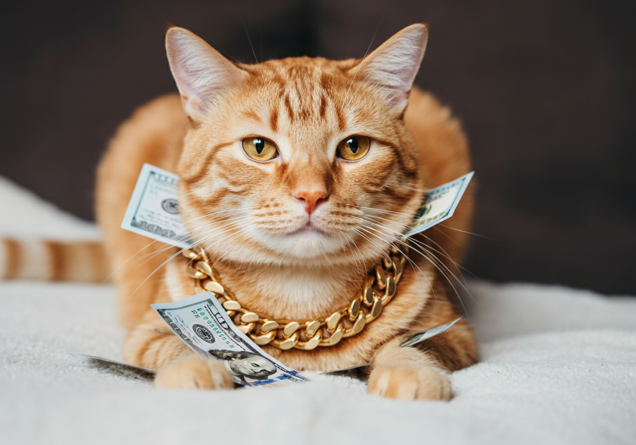 Gato rodeado de dinero – Cuánto cuesta mantener un gato con Topcats Gato anaranjado con expresión seria, tumbado sobre una manta con varios billetes de dólar encima y un collar dorado al cuello. Esta imagen humorística acompaña el artículo de Topcats sobre cuánto cuesta mantener un gato, poniendo el foco en los gastos reales que implica tener un felino en casa.
