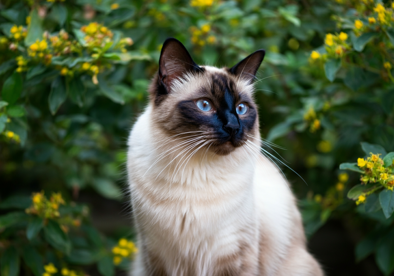 Gato hipoalergénico Balinés de Topcats con ojos azules en un jardín florido Gato hipoalergénico Balinés de Topcats con sedoso pelaje crema y máscara marrón, ojos azules intensos y fondo de arbustos con flores amarillas