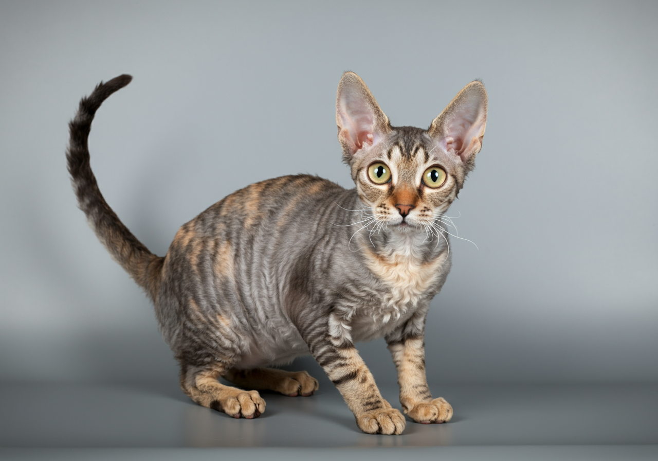 Gato hipoalergénico Cornish Rex de Topcats con manto atigrado y mirada curiosa Gato hipoalergénico Cornish Rex de Topcats con pelaje rizado y moteado, grandes ojos verdes y orejas prominentes, fotografiado en estudio