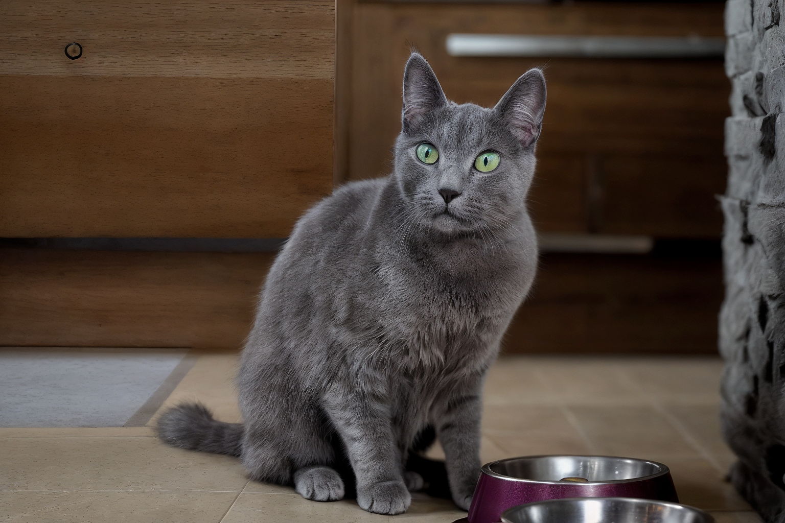 Gato hipoalergénico Azul Ruso de Topcats con pelaje gris azulado y ojos verde esmeralda sentado junto a un cuenco metálico en la cocina Gato hipoalergénico Azul Ruso de Topcats con pelaje gris azulado y ojos verde esmeralda sentado junto a un cuenco metálico en la cocina