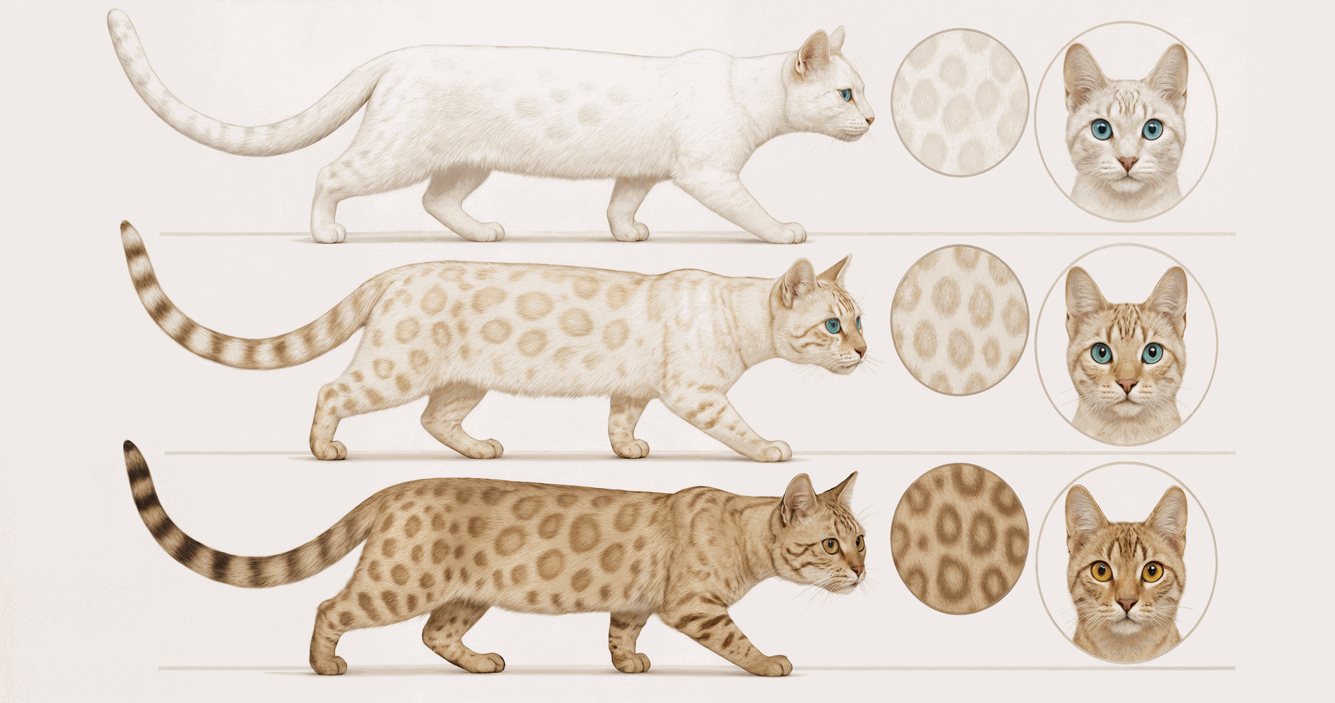 Tipos de gato bengalí blanco en Topcats: Lynx, Mink y Sepia comparados visualmente Ilustración comparativa de las tres variedades del gato bengalí blanco en Topcats: Snow Lynx, Snow Mink y Snow Sepia. Se muestran sus colores de pelaje, patrones y colores de ojos característicos. Ideal para identificar visualmente los matices entre estos gatos Snow