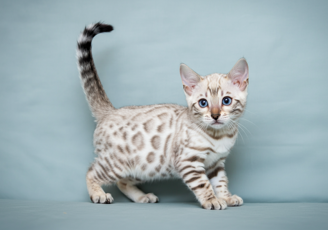Cachorro de gato bengalí blanco snow lynx en Topcats Cachorro de gato bengalí blanco tipo snow lynx de Topcats, con pelaje casi blanco y ojos azul intenso, posando sobre un fondo azul claro. Ideal para reconocer el patrón claro y el contraste suave de esta variedad Snow.