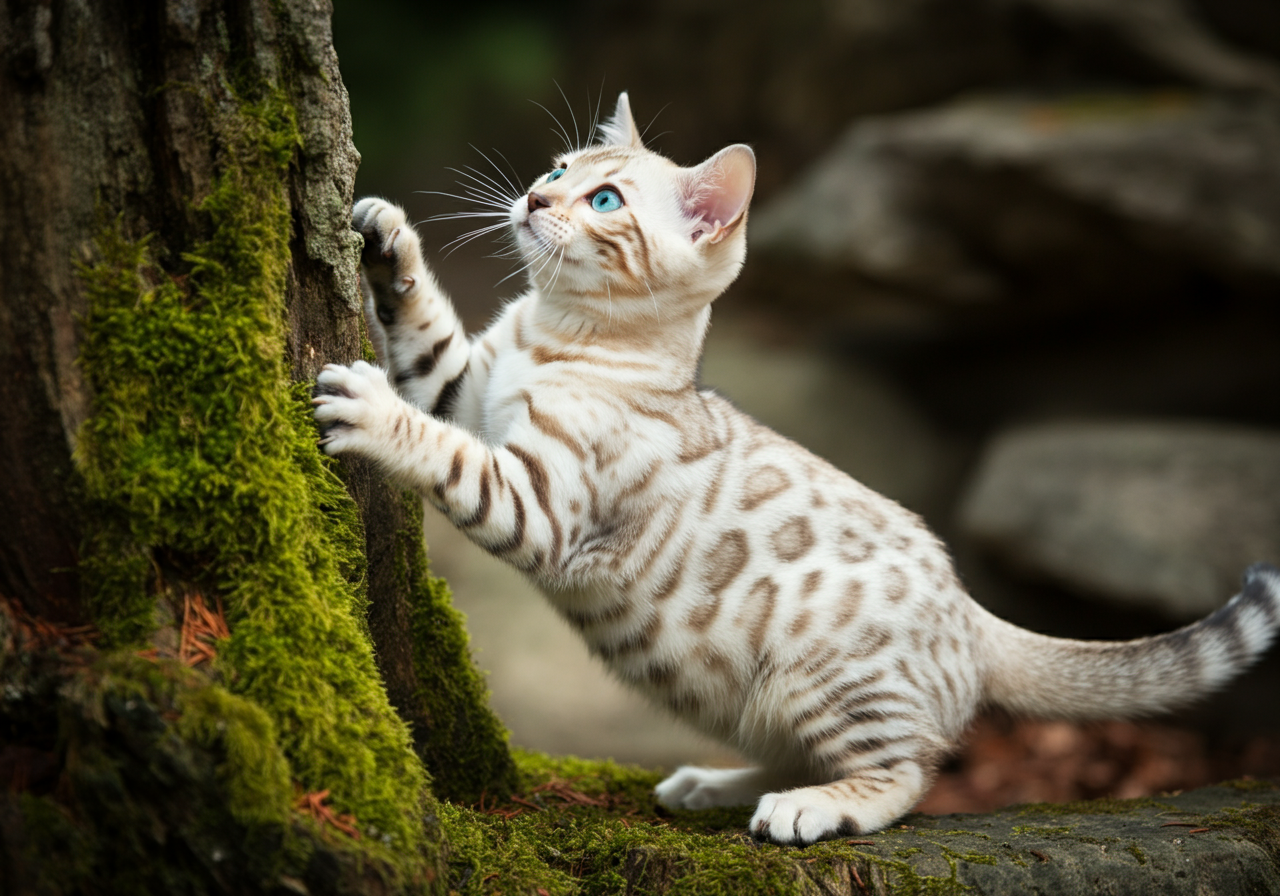 Gato bengalí blanco Snow Mink en Topcats sobre tronco y rocas Cachorro de gato bengalí blanco Snow Mink de Topcats sobre un tronco con rocas, mostrando su pelaje crema cálido con rosetas marcadas y ojos aguamarina. Una imagen natural que destaca la belleza y energía del bengalí snow.