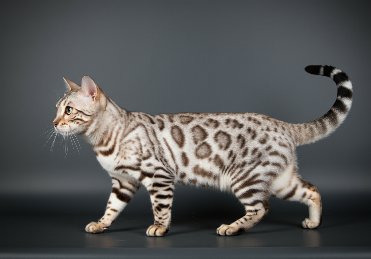 Gato bengalí blanco Snow Sepia en Topcats con patrón rosetted Ejemplar adulto de gato bengalí blanco Snow Sepia en Topcats, de perfil, mostrando su pelaje beige tostado con grandes rosetas oscuras y ojos dorados