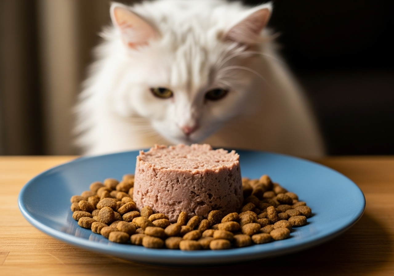 Comida mixta con taurina para gatos – Recomendaciones de Topcats Gato blanco observando con atención un plato azul con comida húmeda y croquetas, representando una dieta equilibrada con taurina para gatos según las recomendaciones nutricionales de Topcats.