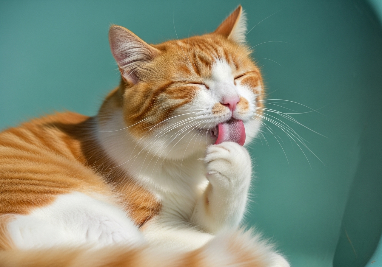 Gato saludable gracias a la taurina para gatos – Cuidados de Topcats Gato naranja y blanco lamiéndose la pata mientras se relaja al sol, reflejando bienestar gracias a una dieta rica en taurina para gatos como la recomendada por Topcats.