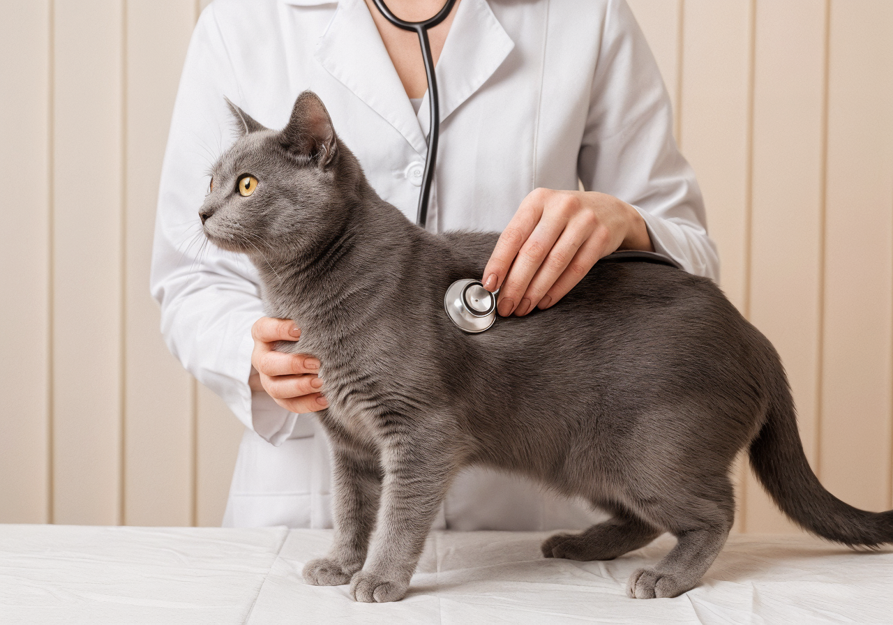 Gato gris de pelo corto siendo auscultado con un estetoscopio por una veterinaria antes de valorar el uso de urbasonpara gatos; escena tranquila que transmite cuidado profesional en la clínica de Topcats.
