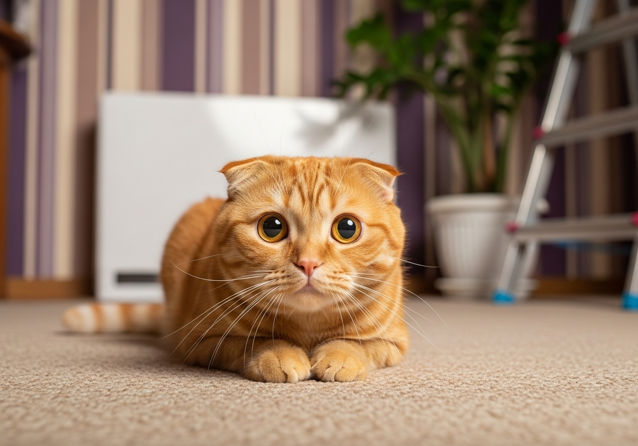 Gato scottish fold atigrado color naranja con expresión de susto, tumbado sobre una alfombra en casa; posible reacción alérgica que podría requerir urbasonpara gatos.