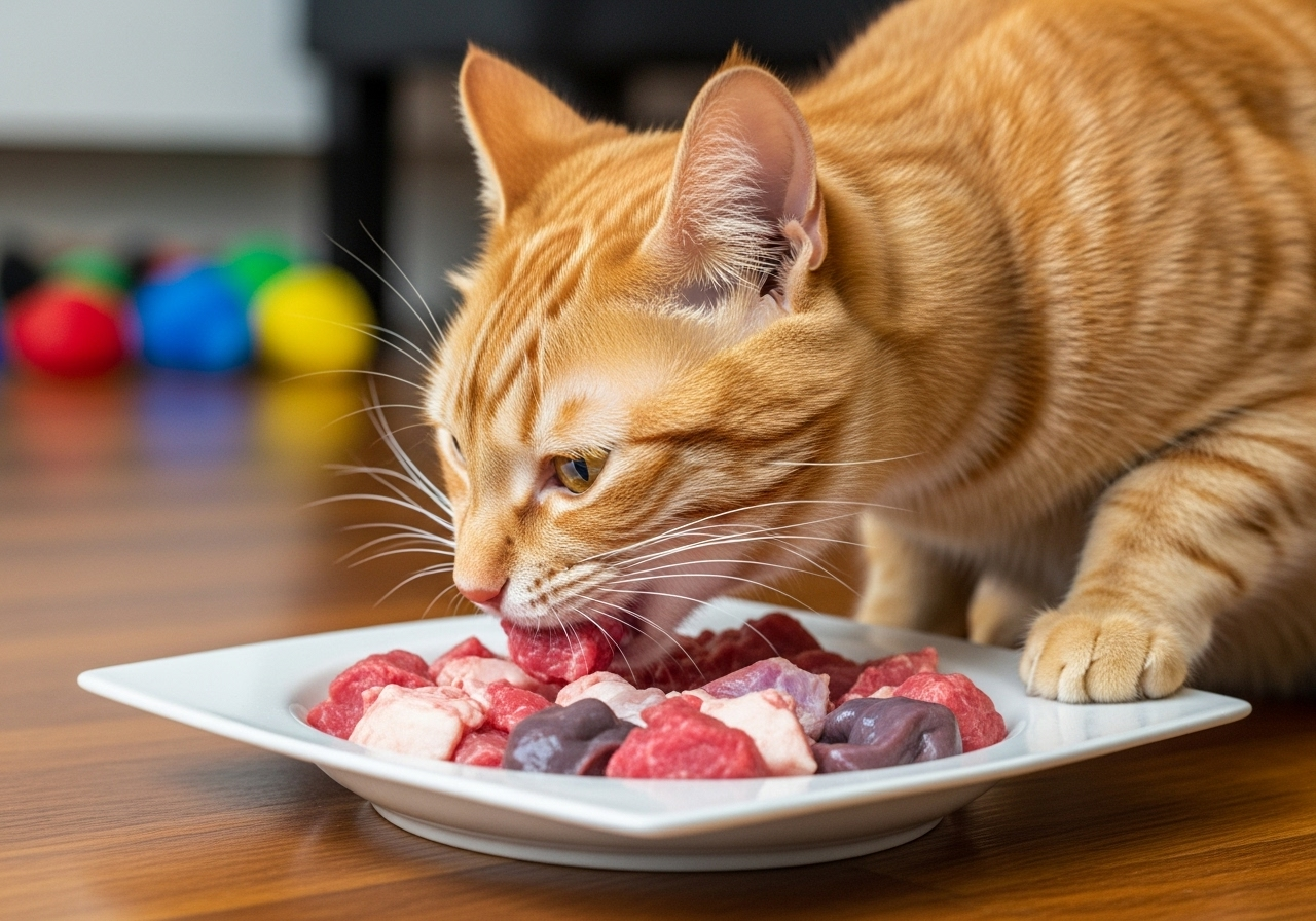Qué comen los gatos según Topcats: alimentación natural con carne cruda Gato naranja de pelo corto comiendo carne cruda fresca de un plato blanco, representando una dieta natural dentro del artículo sobre qué comen los gatos en Topcats.