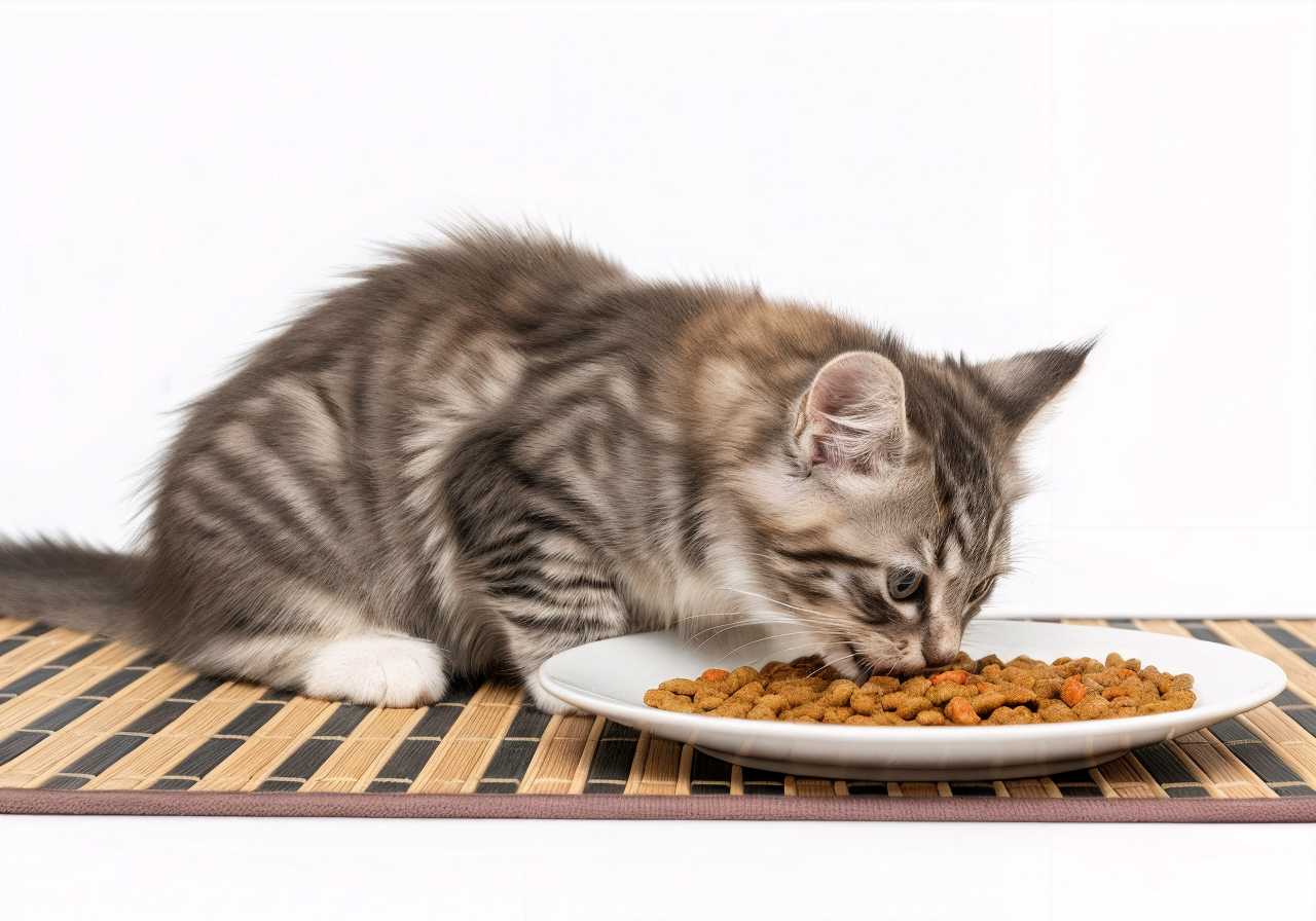 Qué comen los gatos pequeños según Topcats: el inicio con pienso seco Gatito pequeño de pelaje largo y gris oscuro comiendo pienso seco de un plato blanco sobre un mantel de bambú