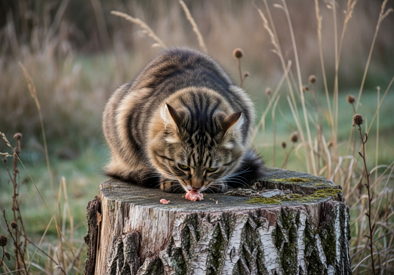 Qué comen los gatos callejeros según Topcats: la dieta de los felinos en libertad Gato de pelaje largo y marrón comiendo en libertad sobre un tronco