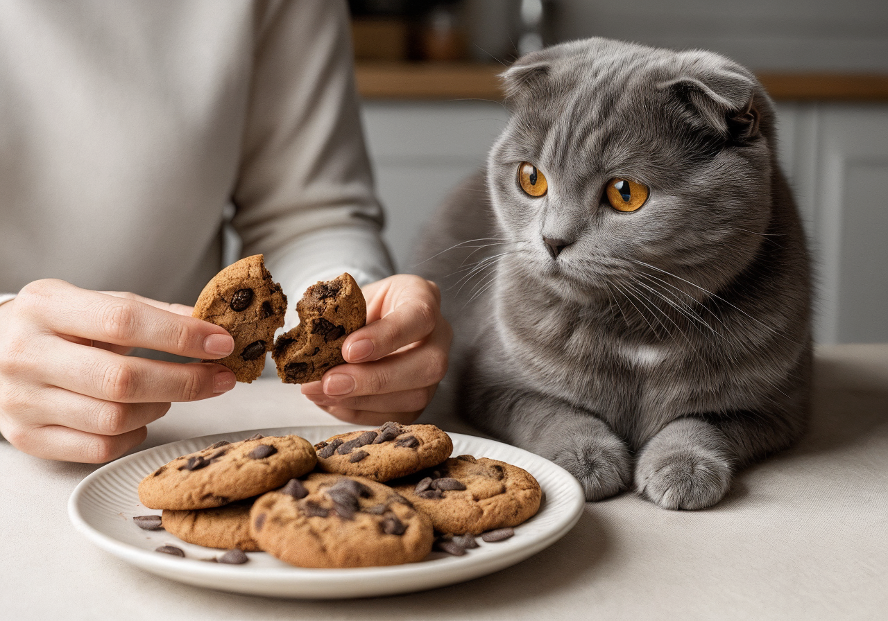 Qué pasa si los gatos comen chocolate según Topcats Gato de raza scottish fold con expresión atenta mirando unas galletas con chocolate, mientras una persona parte una en sus manos