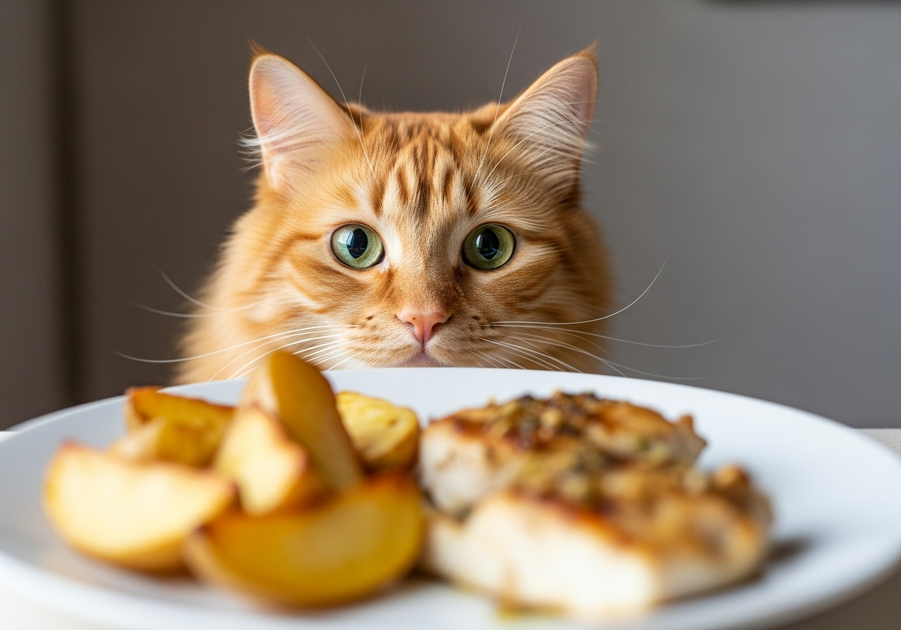 Qué no deben comer los gatos según Topcats: alimentos prohibidos y peligrosos Gato pelirrojo de pelo largo observando con atención un plato con comida humana no apta para felinos, como patatas asadas y restos de pescado cocinado.