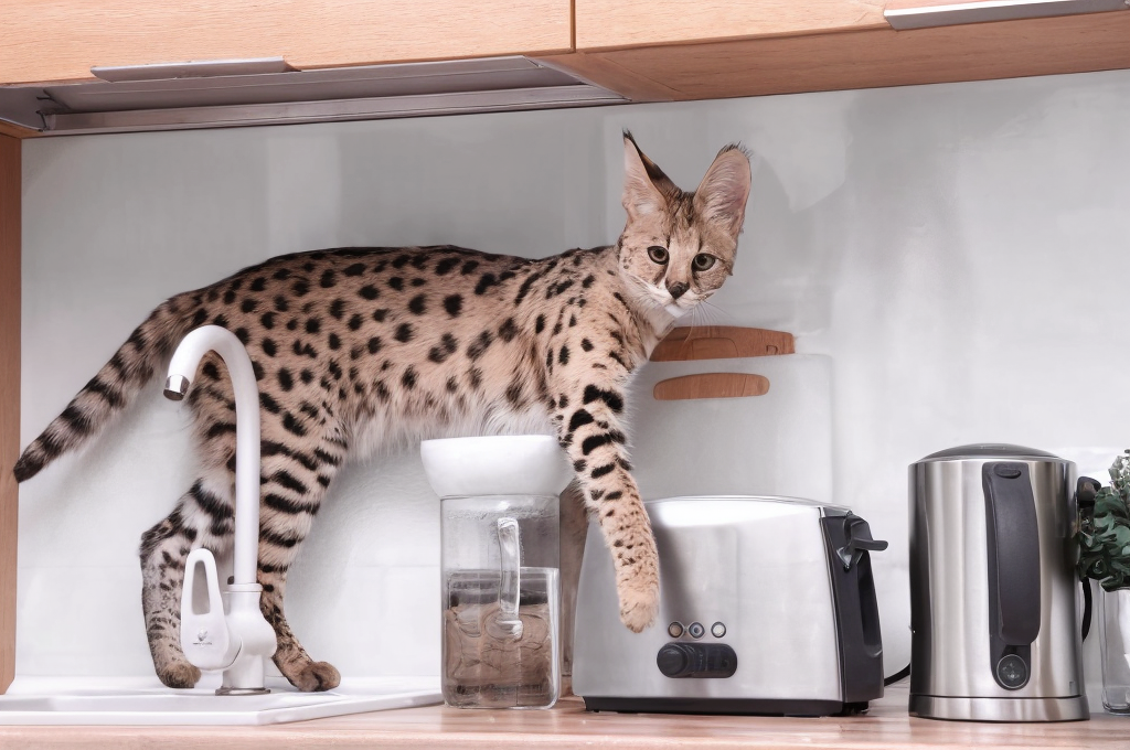 Gato Savannah en cocina moderna – Topcats y los gatos más caros del mundo Gato Savannah de Topcats explorando una cocina moderna. Su cuerpo largo y moteado destaca entre electrodomésticos, mostrando por qué es uno de los gatos más caros del mundo.