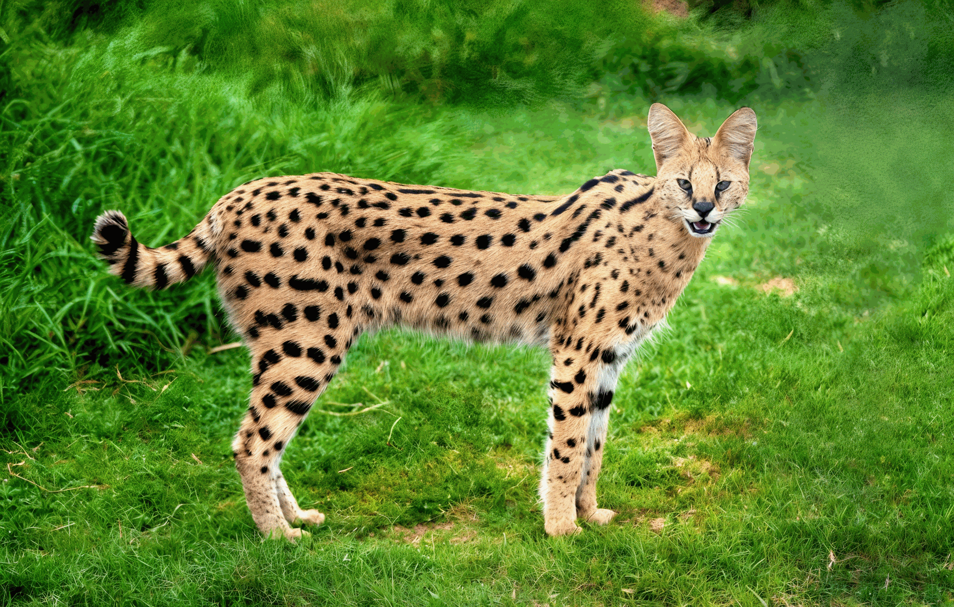Serval africano – Topcats y los gatos más caros del mundo Gato Serval de Topcats en un entorno natural con hierba verde, cuerpo largo y delgado, y pelaje dorado cubierto de manchas negras
