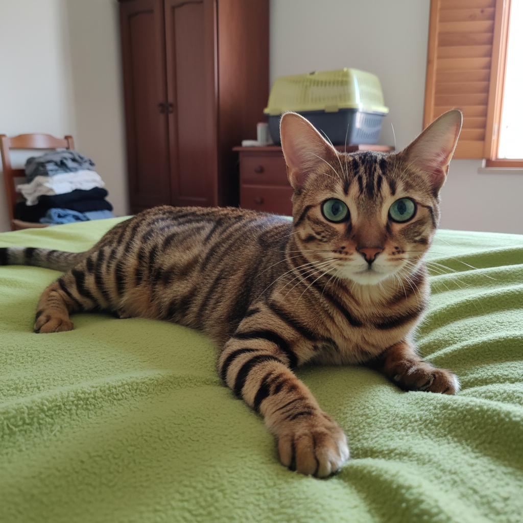 Gato tigre Toyger de Topcats con ojos verdes Texto alt (accesibilidad + SEO + CTA natural): Gato tigre Toyger de Topcats con pelaje naranja brillante y rayas negras, descansando en una cama verde y mirando atento con ojos azul verdosos.